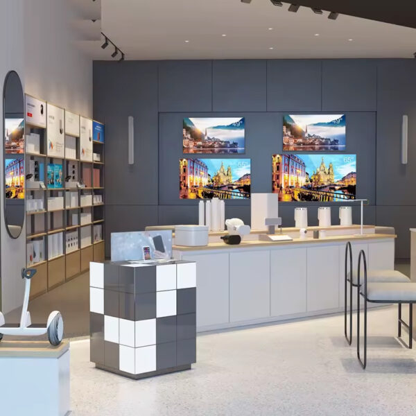 Modern Whole Store Design Mobile Phone & Accessories Display Cabinet with Wood Shelves- & Eco-Friendly