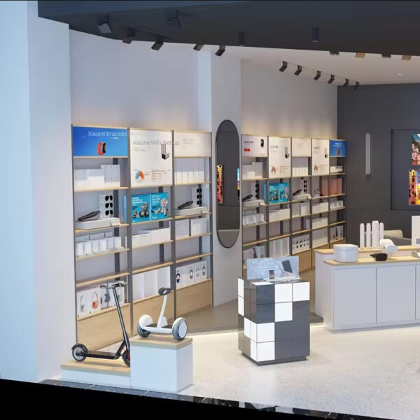 Modern Whole Store Design Mobile Phone & Accessories Display Cabinet with Wood Shelves- & Eco-Friendly