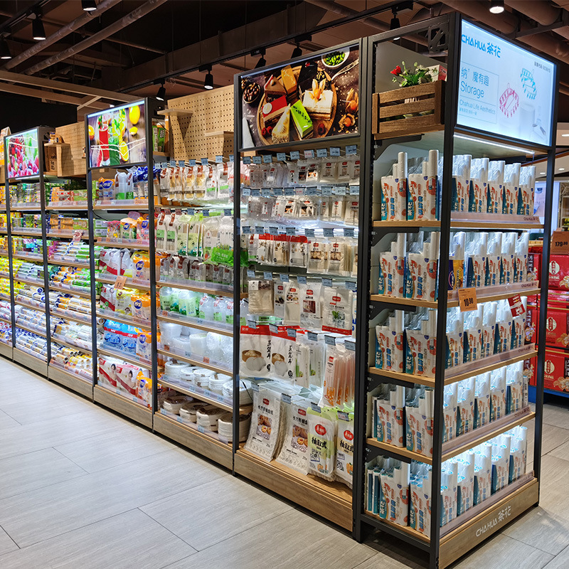 Custom Supermarket Shelf Steel Wood Display Rack Convenience Store Snack Rack Maternal Child Stationery Store Display Shelves