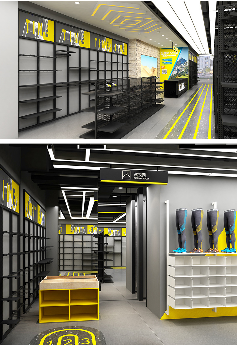 Custom Brand Discount Store Shelves Casual Clothing Display Shelves Men's Floor Standing Shoe and Clothing Display Shelves