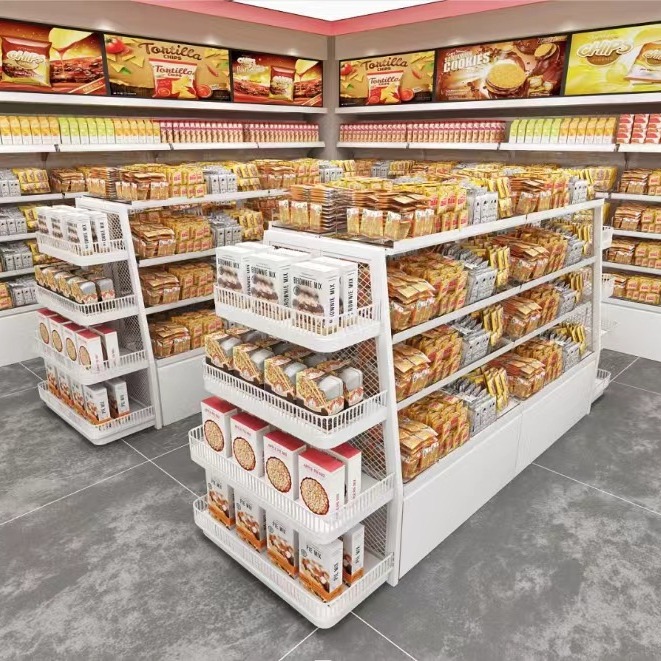 Small Double-Sided Multi-Functional Food Display Rack for Convenience Store Supermarket Snack Shelf