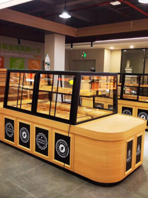 0312-3-1 Bread Store Design Customized Curved Commercial Bread Display Cabinet Trolley Rack Bakery Cake Island Side Display Cabinets
