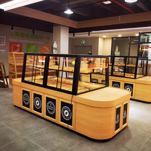 Bread Store Design Customized Curved Commercial Bread Display Cabinet Trolley Rack Bakery Cake Island Side Display Cabinets