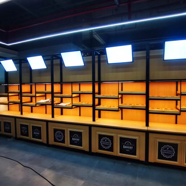 Bread Store Design Customized Curved Commercial Bread Display Cabinet Trolley Rack Bakery Cake Island Side Display Cabinets