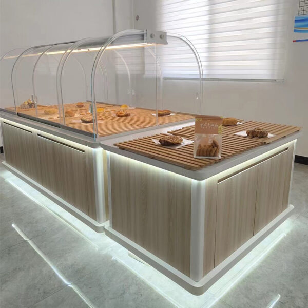 Bread Store Design Customized Curved Commercial Bread Display Cabinet Trolley Rack Bakery Cake Island Side Display Cabinets