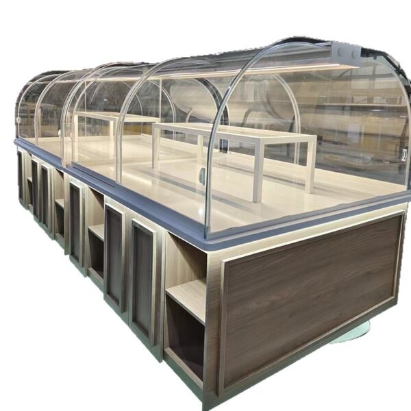 Bread Store Design Customized Curved Commercial Bread Display Cabinet Trolley Rack Bakery Cake Island Side Display Cabinets