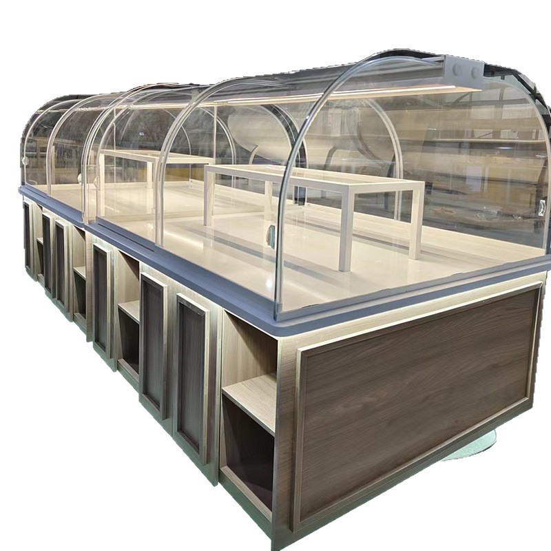 Bread Store Design Customized Curved Commercial Bread Display Cabinet Trolley Rack Bakery Cake Island Side Display Cabinets