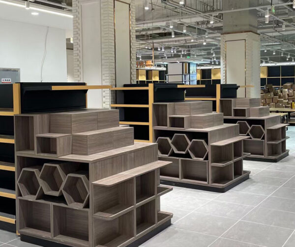 Custom Supermarket Promotion Table Display Shelf Wooden Box & Case Rectangular Shape Modern Stackable End Rack Display Cabinet