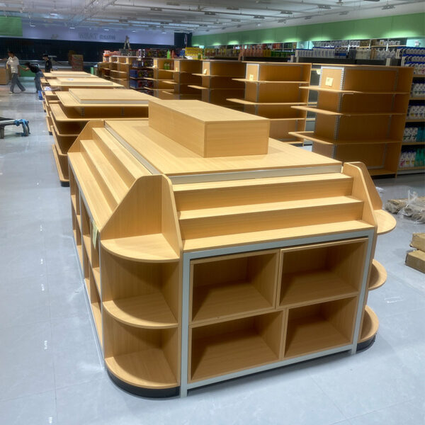 Custom Supermarket Promotion Table Display Shelf Wooden Box & Case Rectangular Shape Modern Stackable End Rack Display Cabinet