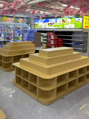Custom Supermarket Promotion Table Display Shelf Wooden Box & Case Rectangular Shape Modern Stackable End Rack Display Cabinet