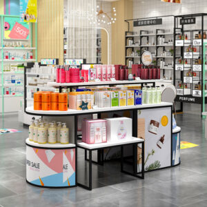 0312-7-5 Modern Eco-Friendly for Iron Cosmetics Shop Door Middle Promotion Display Pile Head Island Table Display Cabinet Custom