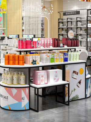 Modern Eco-Friendly for Iron Cosmetics Shop Door Middle Promotion Display Pile Head Island Table Display Cabinet Custom