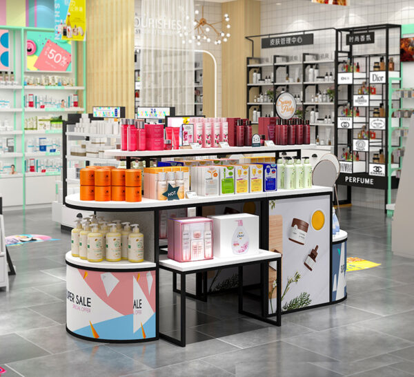 Modern Eco-Friendly for Iron Cosmetics Shop Door Middle Promotion Display Pile Head Island Table Display Cabinet Custom