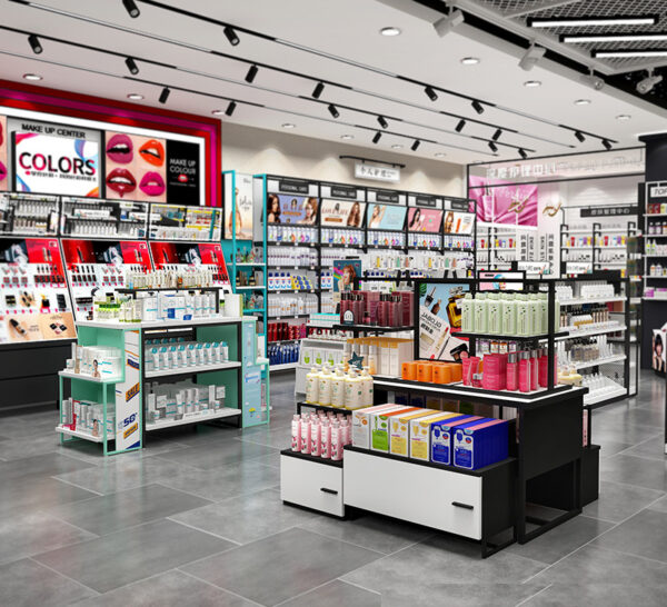 Modern Eco-Friendly for Iron Cosmetics Shop Door Middle Promotion Display Pile Head Island Table Display Cabinet Custom