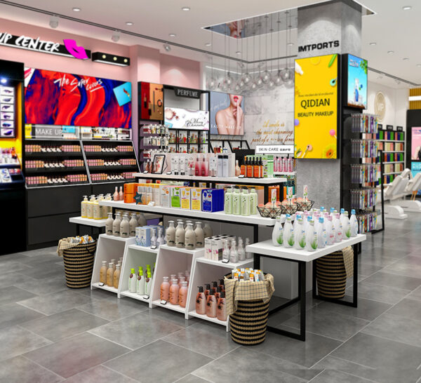 Modern Eco-Friendly for Iron Cosmetics Shop Door Middle Promotion Display Pile Head Island Table Display Cabinet Custom