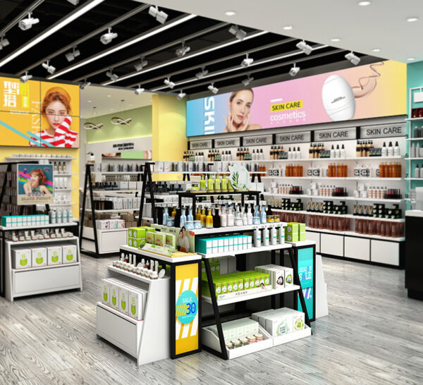 Modern Eco-Friendly for Iron Cosmetics Shop Door Middle Promotion Display Pile Head Island Table Display Cabinet Custom