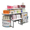 Modern Eco-Friendly for Iron Cosmetics Shop Door Middle Promotion Display Pile Head Island Table Display Cabinet Custom