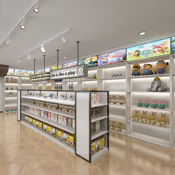 Custom Toy Store Shelves Peripheral Card Games Figurines Toy Display Racks Goods Display Cabinets Blind Boxes Whole Store Design