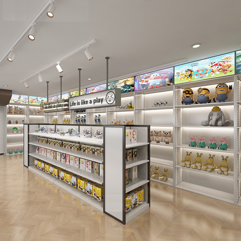 Custom Toy Store Shelves Peripheral Card Games Figurines Toy Display Racks Goods Display Cabinets Blind Boxes Whole Store Design