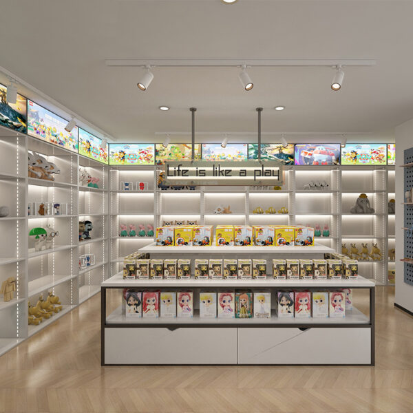 Custom Toy Store Shelves Peripheral Card Games Figurines Toy Display Racks Goods Display Cabinets Blind Boxes Whole Store Design