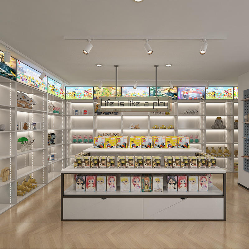 Custom Toy Store Shelves Peripheral Card Games Figurines Toy Display Racks Goods Display Cabinets Blind Boxes Whole Store Design
