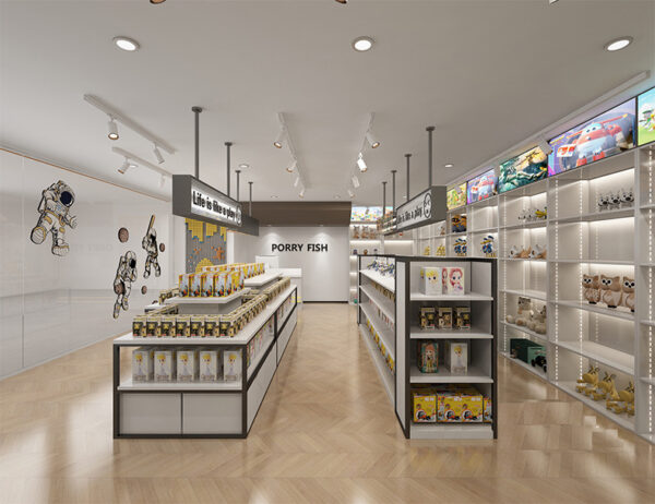 Custom Toy Store Shelves Peripheral Card Games Figurines Toy Display Racks Goods Display Cabinets Blind Boxes Whole Store Design