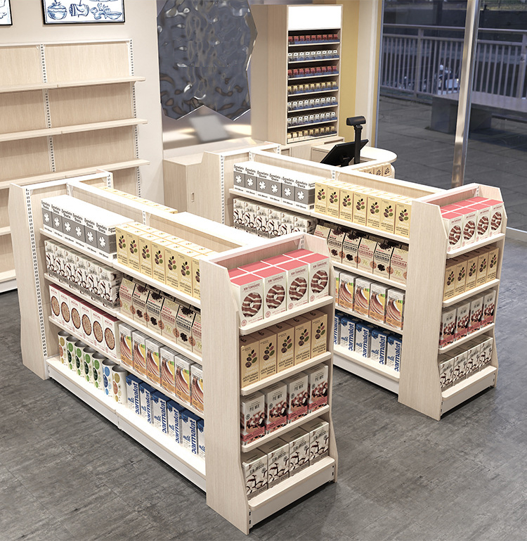 Adjustable Steel-Wood Convenience Store & Supermarket Pharmacy Display Shelves for Wholesale Snack Boutique Use