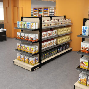 0318-2-1 High Quality Commercial Double Sided Steel & Wood Display Shelves for Supermarkets Malls Department Stores Convenience Store