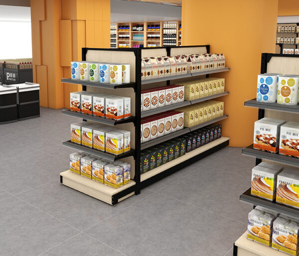 High Quality Commercial Double Sided Steel & Wood Display Shelves for Supermarkets Malls Department Stores Convenience Store