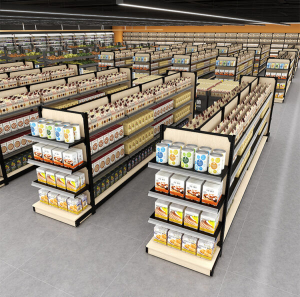 High Quality Commercial Double Sided Steel & Wood Display Shelves for Supermarkets Malls Department Stores Convenience Store