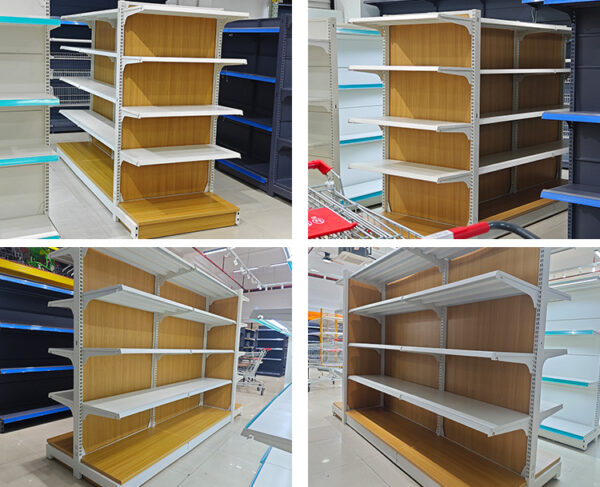 High Quality Commercial Double Sided Steel & Wood Display Shelves for Supermarkets Malls Department Stores Convenience Store