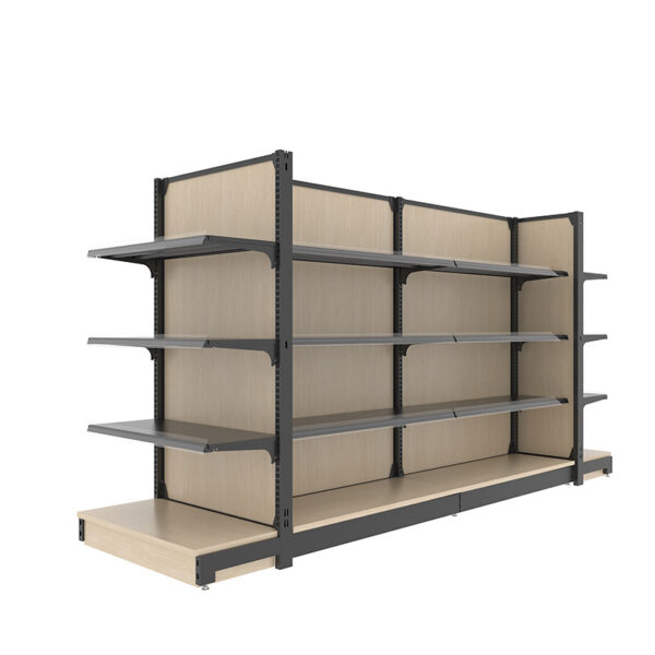 High Quality Commercial Double Sided Steel & Wood Display Shelves for Supermarkets Malls Department Stores Convenience Store