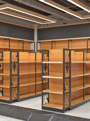 0318-4-1 wholesale Wood grain paint shopping mall shelves beer beverage grain and oil display shelves large supermarket shelves