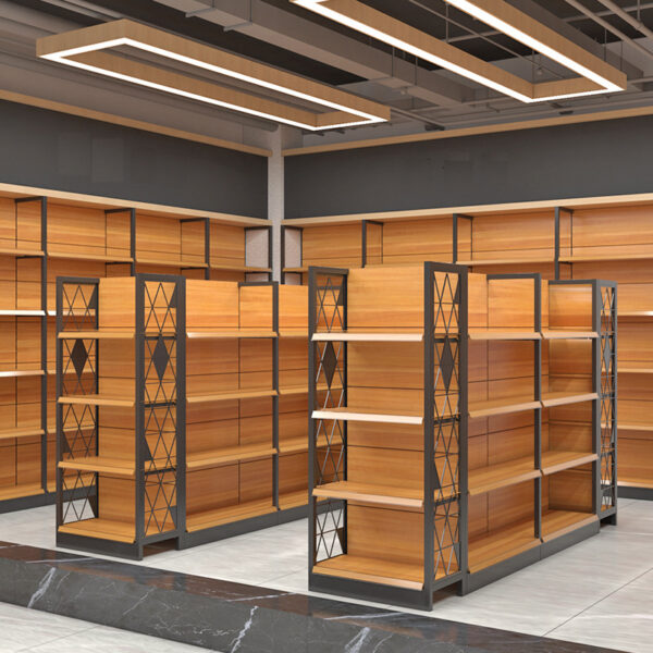 wholesale Wood grain paint shopping mall shelves beer beverage grain and oil display shelves large supermarket shelves