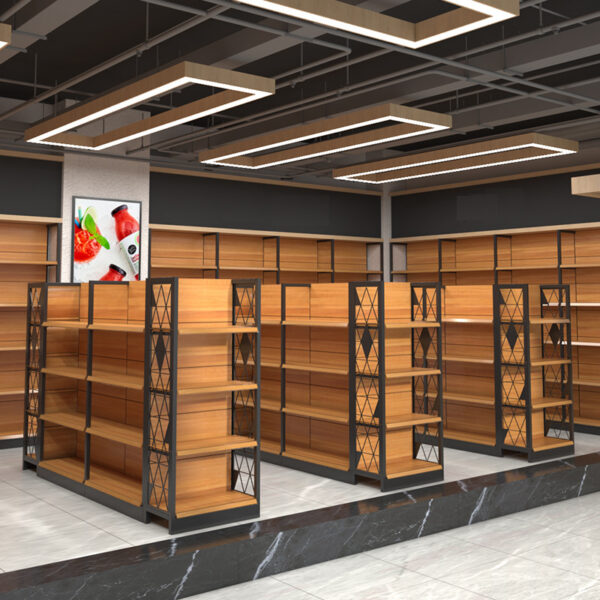 wholesale Wood grain paint shopping mall shelves beer beverage grain and oil display shelves large supermarket shelves