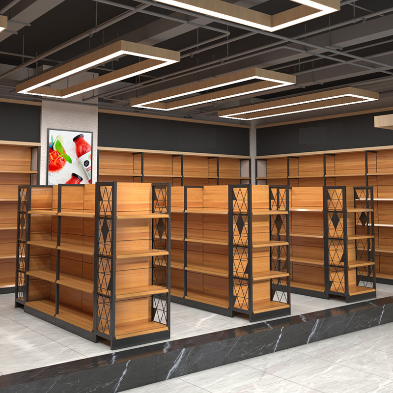 wholesale Wood grain paint shopping mall shelves beer beverage grain and oil display shelves large supermarket shelves
