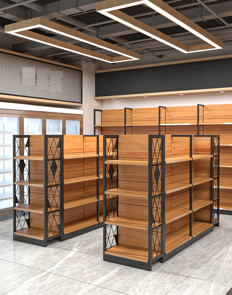 wholesale Wood grain paint shopping mall shelves beer beverage grain and oil display shelves large supermarket shelves