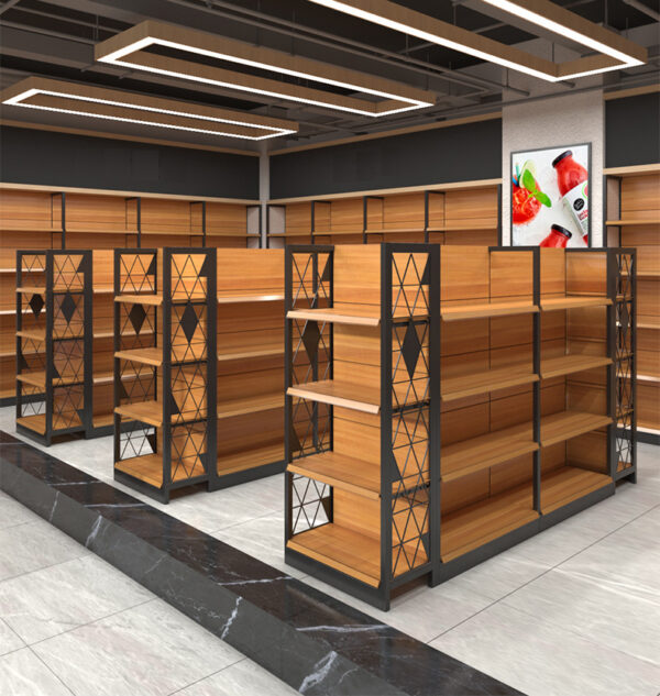 wholesale Wood grain paint shopping mall shelves beer beverage grain and oil display shelves large supermarket shelves