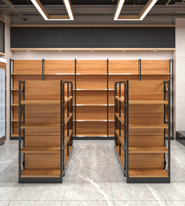 wholesale Wood grain paint shopping mall shelves beer beverage grain and oil display shelves large supermarket shelves