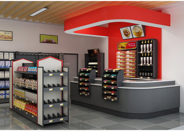 Custom Supermarket Steel Wood Shelves Chain Convenience Store Display Shelf Snack Shelf Stationery Stores Island Back Shelves