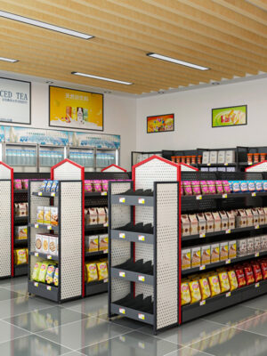 Custom Supermarket Steel Wood Shelves Chain Convenience Store Display Shelf Snack Shelf Stationery Stores Island Back Shelves