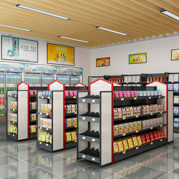 Custom Supermarket Steel Wood Shelves Chain Convenience Store Display Shelf Snack Shelf Stationery Stores Island Back Shelves