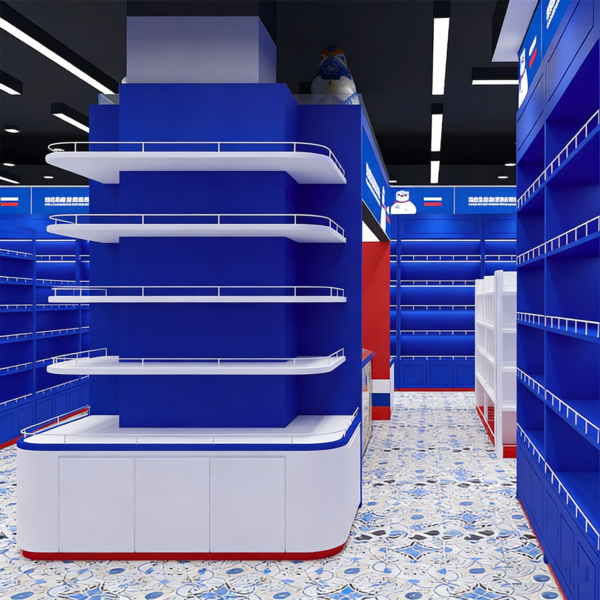 Custom Brand Pavilion Store Snack Display Racks Single/Double Sided Commercial Food Display Shelves for Supermarket Brand Halls