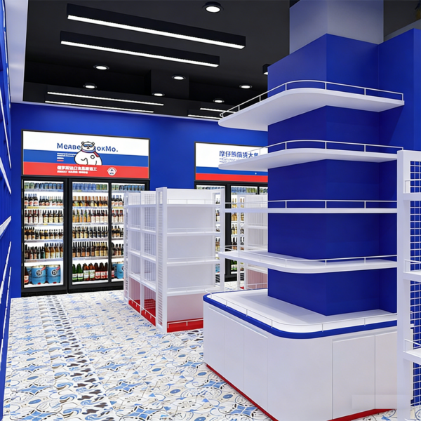 Custom Brand Pavilion Store Snack Display Racks Single/Double Sided Commercial Food Display Shelves for Supermarket Brand Halls