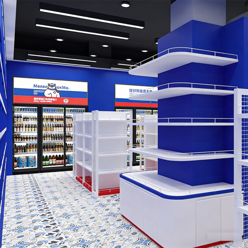 Custom Brand Pavilion Store Snack Display Racks Single/Double Sided Commercial Food Display Shelves for Supermarket Brand Halls