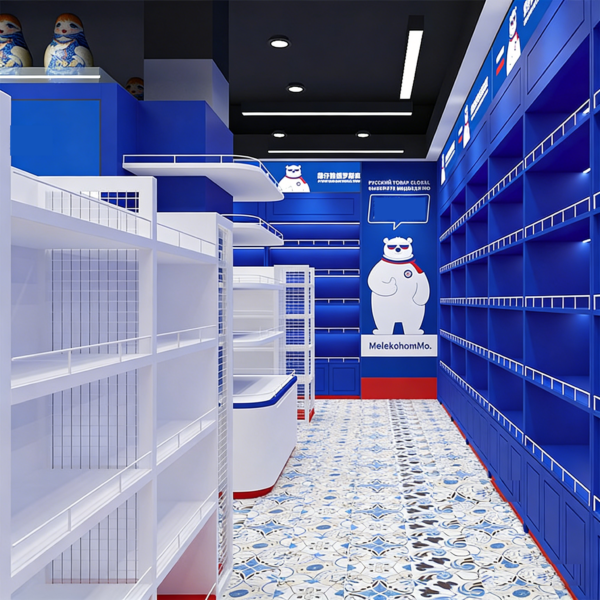 Custom Brand Pavilion Store Snack Display Racks Single/Double Sided Commercial Food Display Shelves for Supermarket Brand Halls