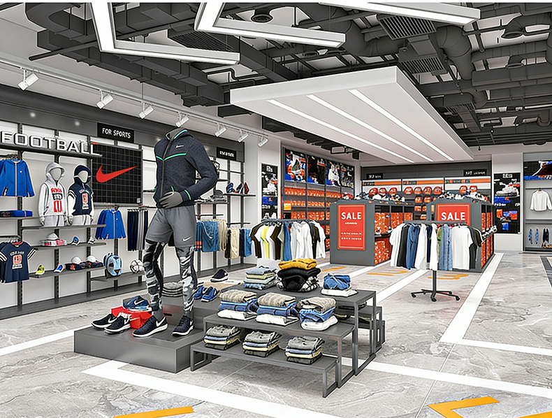 Customized Shopping Mall Sports Equipment Clothing Display Shelves Storage Racks Chain Stores Display Racks Display Stand