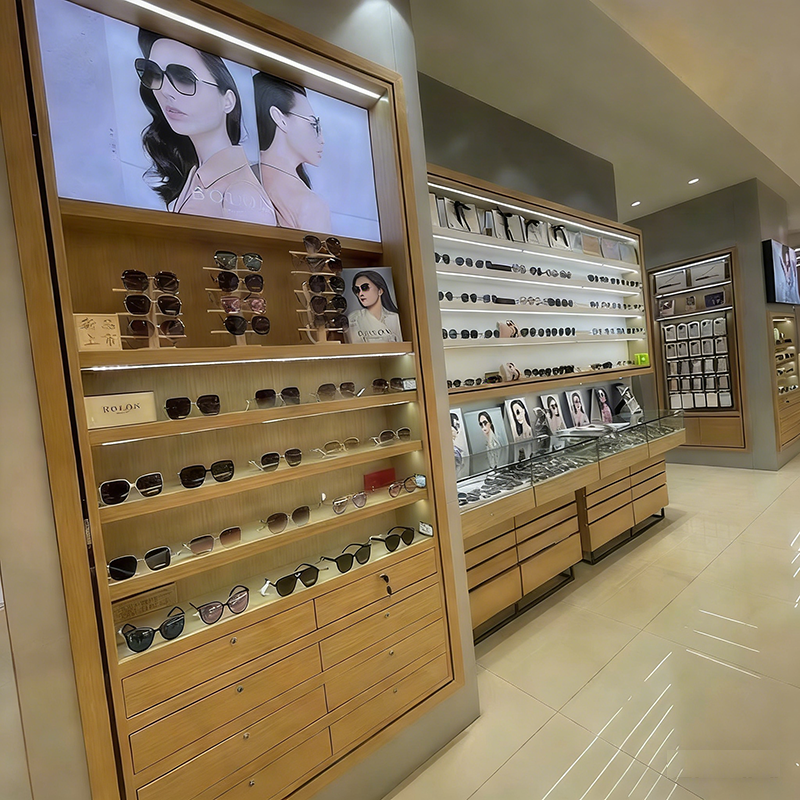 Customized Wood Baking Paint Glass Glasses Display Cabinet Island Cabinet Sunglasses Eyeglass Store Shelf showcase