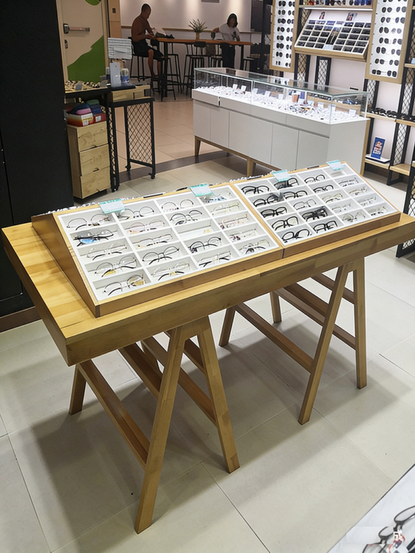 Customized Wood Baking Paint Glass Glasses Display Cabinet Island Cabinet Sunglasses Eyeglass Store Shelf showcase