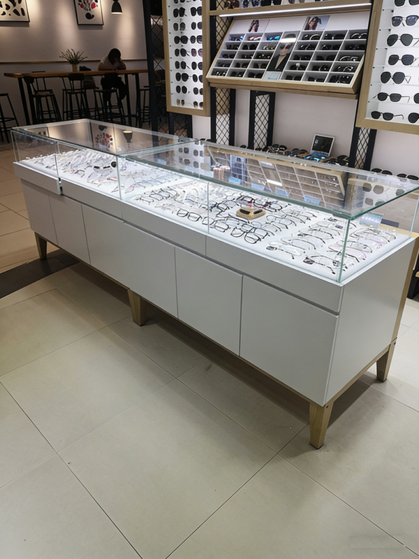 Customized Wood Baking Paint Glass Glasses Display Cabinet Island Cabinet Sunglasses Eyeglass Store Shelf showcase